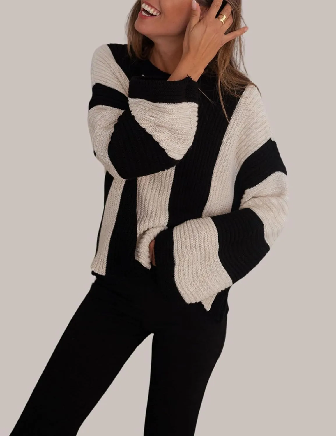 InterNos Womens Striped Bell Sleeve Pullover Sweater Loose Color Block Crew Neck Vertical Knitwear
