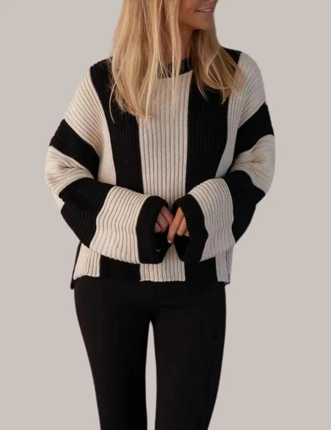 InterNos Womens Striped Bell Sleeve Pullover Sweater Loose Color Block Crew Neck Vertical Knitwear