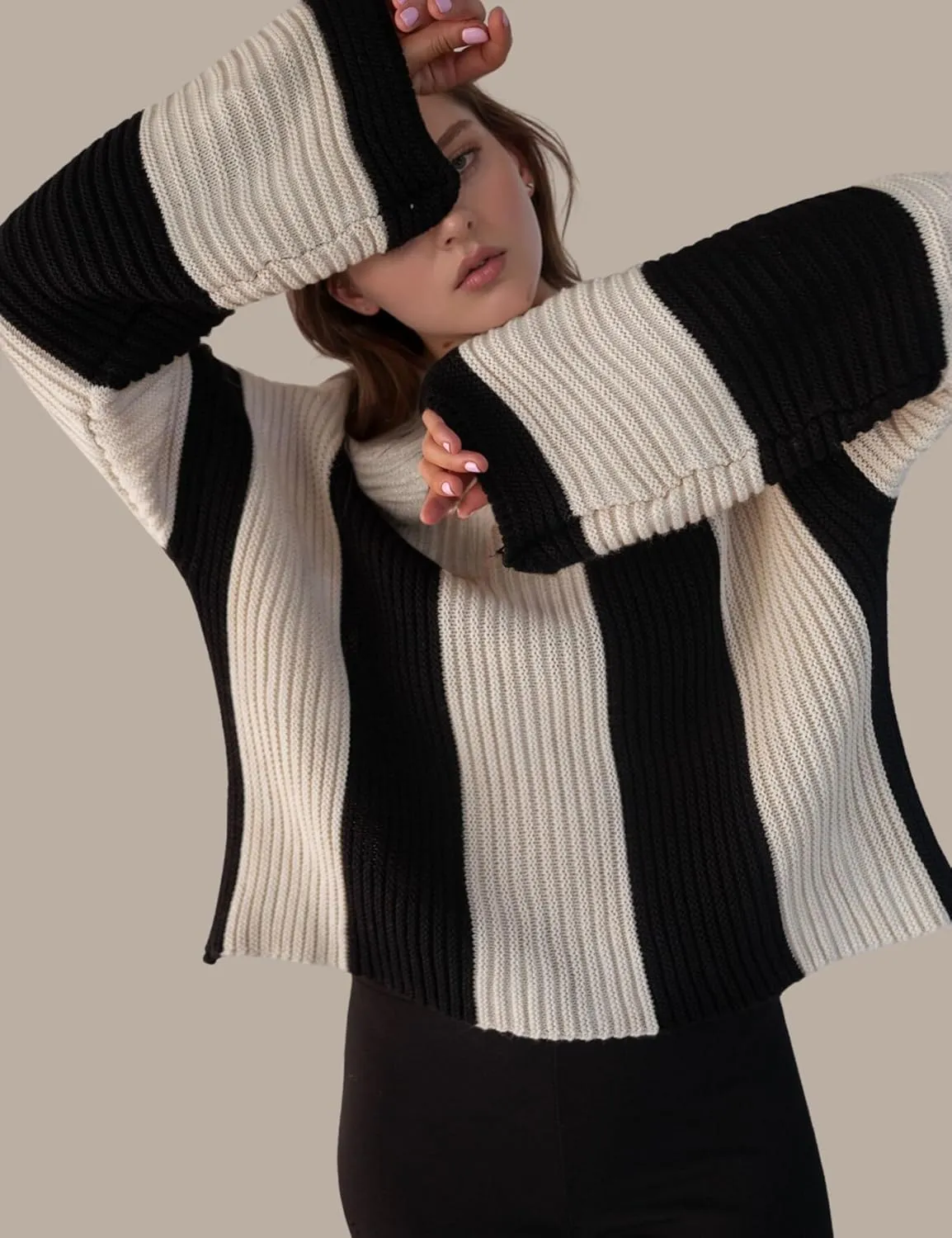 InterNos Womens Striped Bell Sleeve Pullover Sweater Loose Color Block Crew Neck Vertical Knitwear
