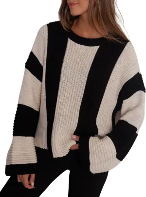 InterNos Womens Striped Bell Sleeve Pullover Sweater Loose Color Block Crew Neck Vertical Knitwear