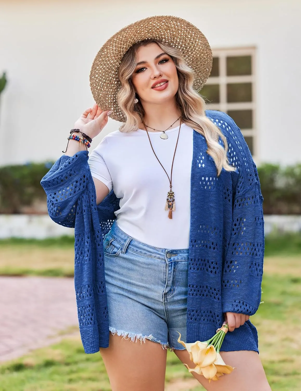 IN'VOLAND Womens Plus Size Crochet Cardigan Kimonos Boho Long Sleeve Oversized Summer Open Front Knitted Sweater