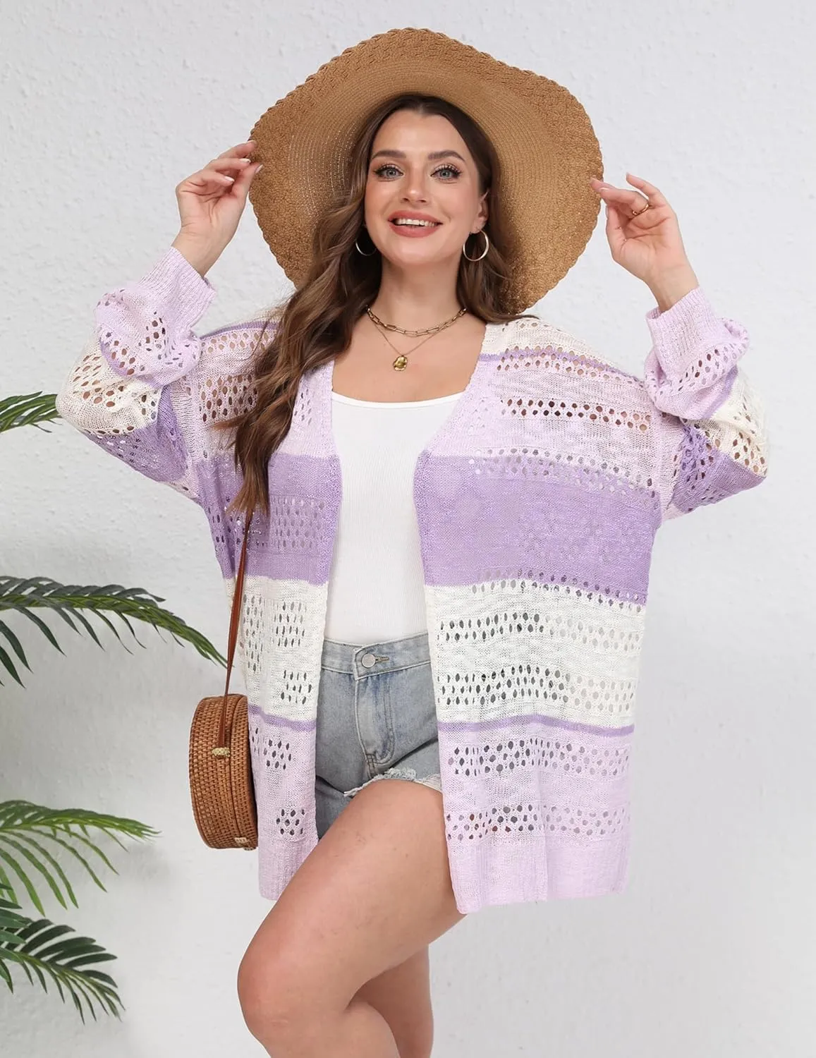 IN'VOLAND Womens Plus Size Crochet Cardigan Kimonos Boho Long Sleeve Oversized Summer Open Front Knitted Sweater