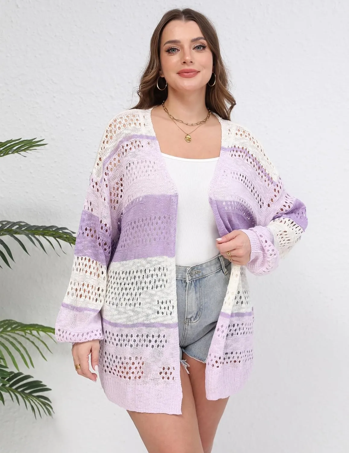 IN'VOLAND Womens Plus Size Crochet Cardigan Kimonos Boho Long Sleeve Oversized Summer Open Front Knitted Sweater