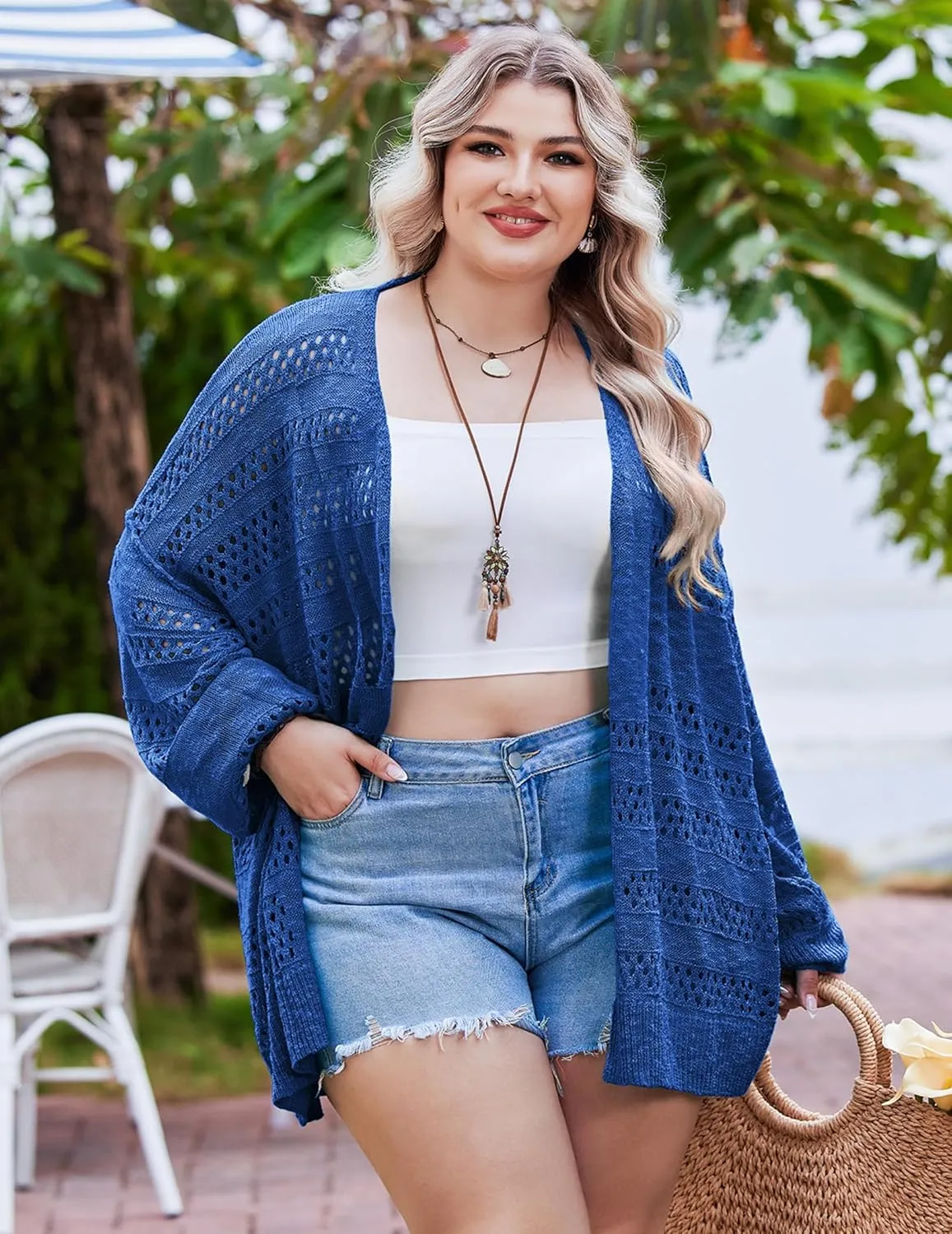 IN'VOLAND Womens Plus Size Crochet Cardigan Kimonos Boho Long Sleeve Oversized Summer Open Front Knitted Sweater