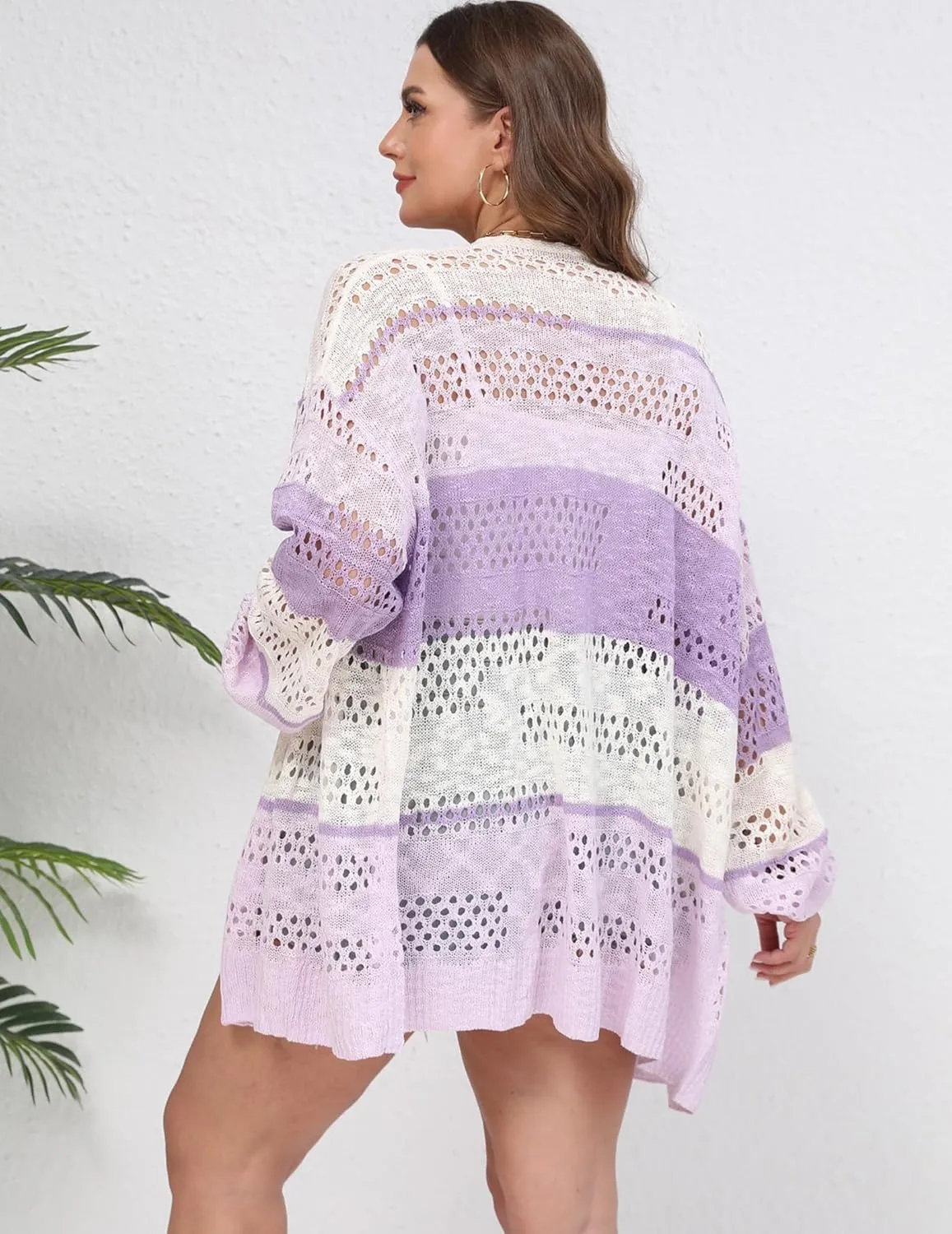 IN'VOLAND Womens Plus Size Crochet Cardigan Kimonos Boho Long Sleeve Oversized Summer Open Front Knitted Sweater