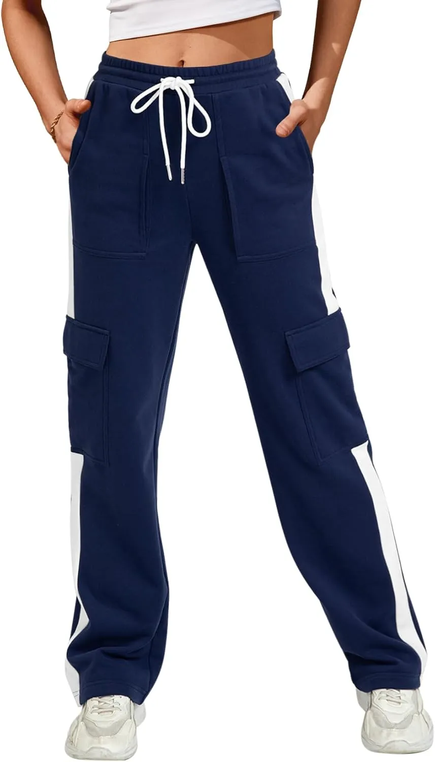 IVIR Womens Sweatpants Cargo Pants Baggy Wide Leg High Waist Fleece Lounge Pants with Pockets