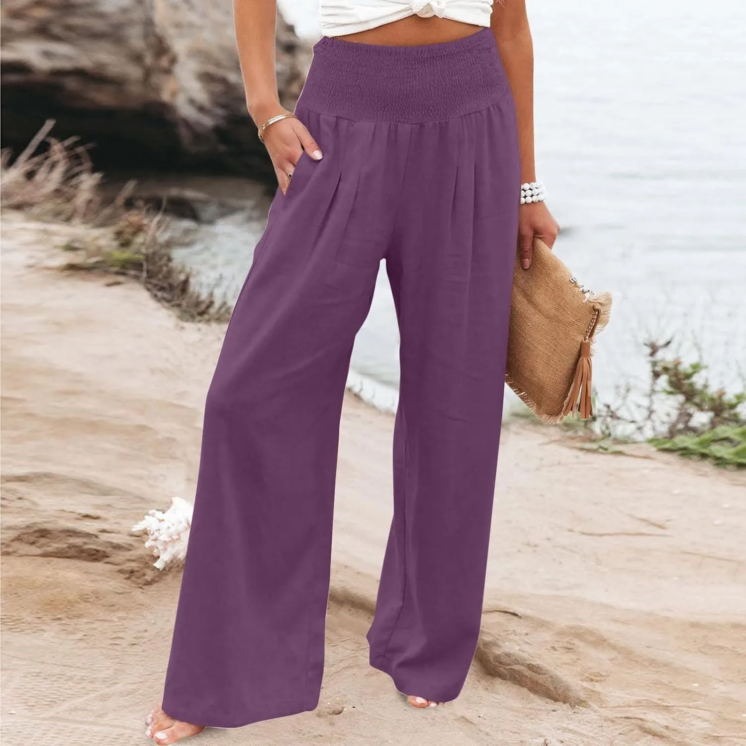jsaierl Women Linen Wide Leg Pants Casual Summer Palazzo Pants Loose Flowy Beach Pants Vacation Travel Trousers with Pockets