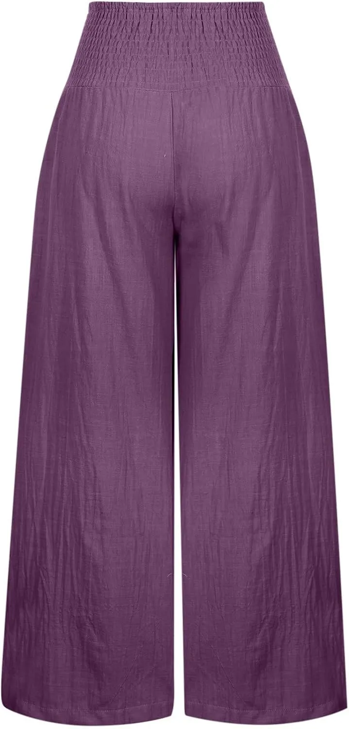 jsaierl Women Linen Wide Leg Pants Casual Summer Palazzo Pants Loose Flowy Beach Pants Vacation Travel Trousers with Pockets