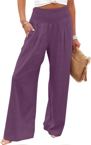 jsaierl Women Linen Wide Leg Pants Casual Summer Palazzo Pants Loose Flowy Beach Pants Vacation Travel Trousers with Pockets