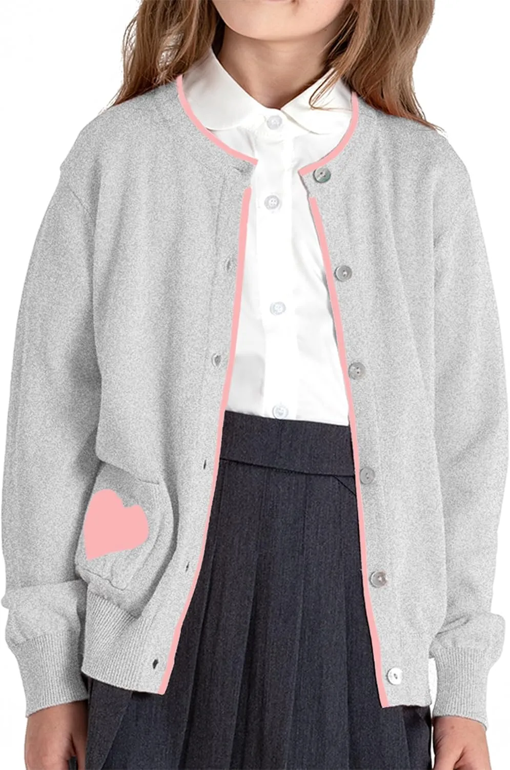 JSTEX Girls Cute Cardigan 100% Cotton Knit Kids Cardigan Long Sleeve Crew Neck Button Sweaters for Girl Size 4-14