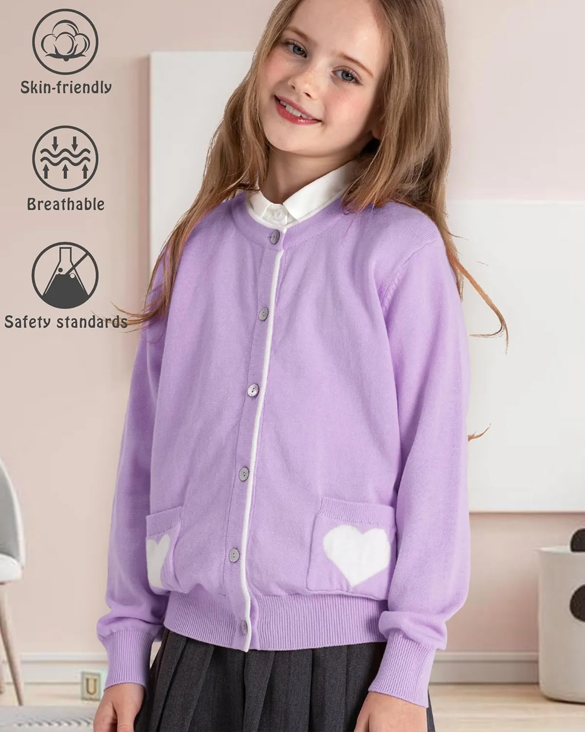 JSTEX Girls Cute Cardigan 100% Cotton Knit Kids Cardigan Long Sleeve Crew Neck Button Sweaters for Girl Size 4-14