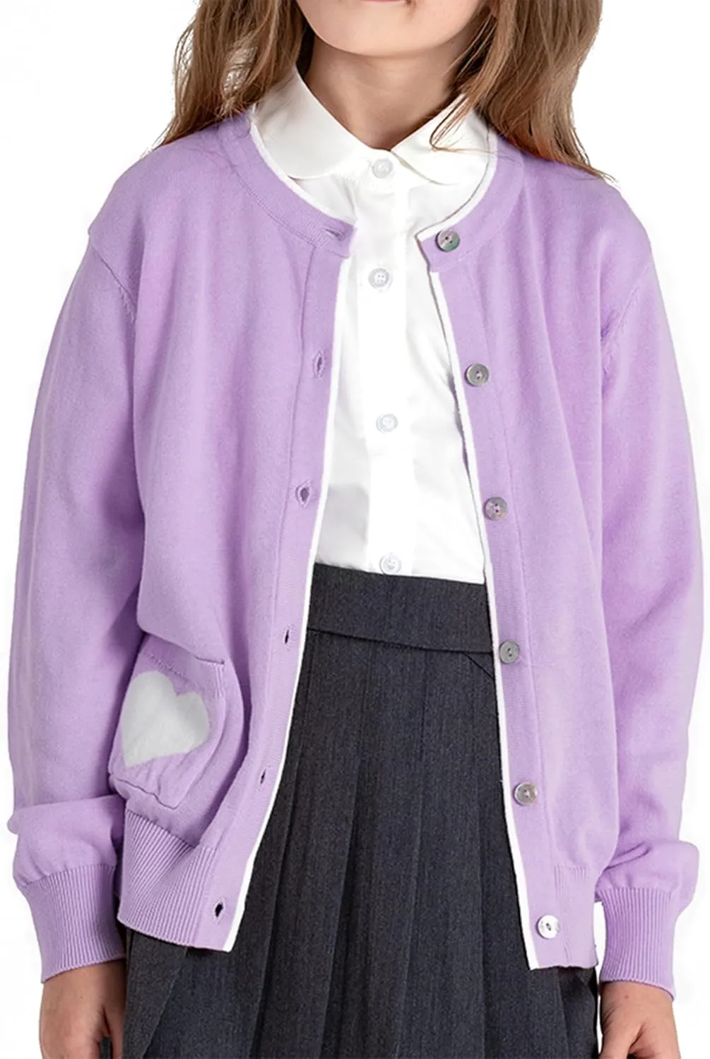 JSTEX Girls Cute Cardigan 100% Cotton Knit Kids Cardigan Long Sleeve Crew Neck Button Sweaters for Girl Size 4-14