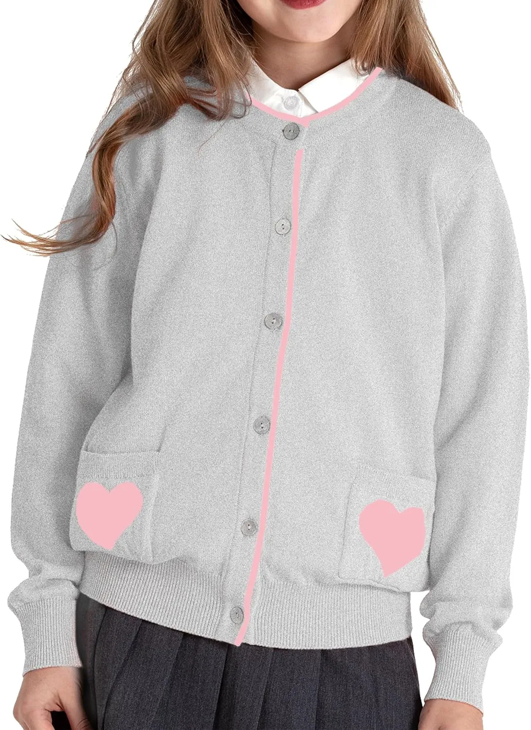 JSTEX Girls Cute Cardigan 100% Cotton Knit Kids Cardigan Long Sleeve Crew Neck Button Sweaters for Girl Size 4-14