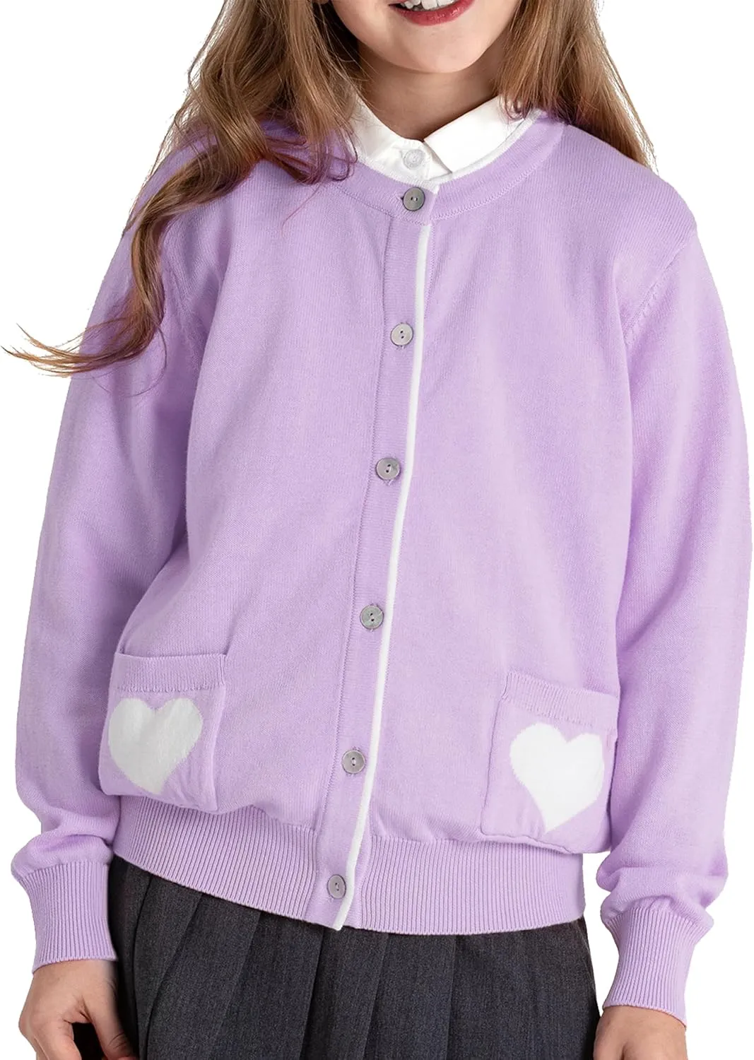 JSTEX Girls Cute Cardigan 100% Cotton Knit Kids Cardigan Long Sleeve Crew Neck Button Sweaters for Girl Size 4-14