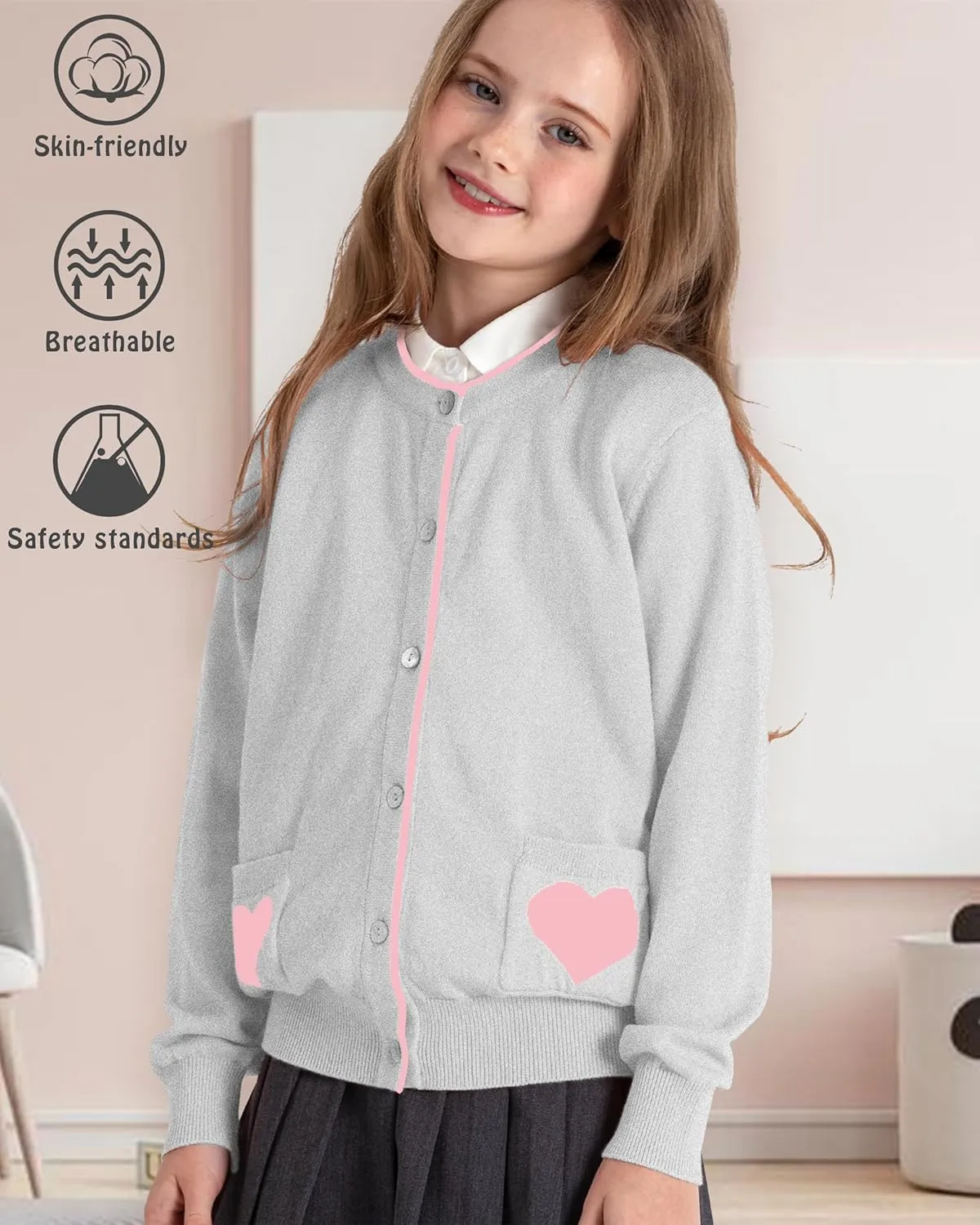 JSTEX Girls Cute Cardigan 100% Cotton Knit Kids Cardigan Long Sleeve Crew Neck Button Sweaters for Girl Size 4-14