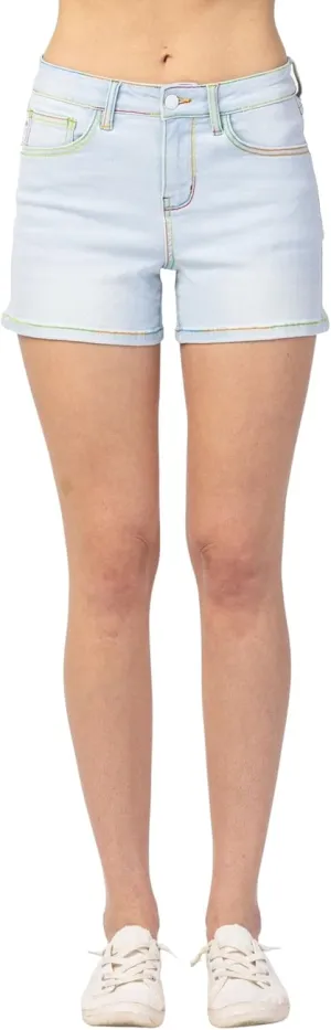 Judy Blue Women's Mid-Rise Rainbow Thread Shorts