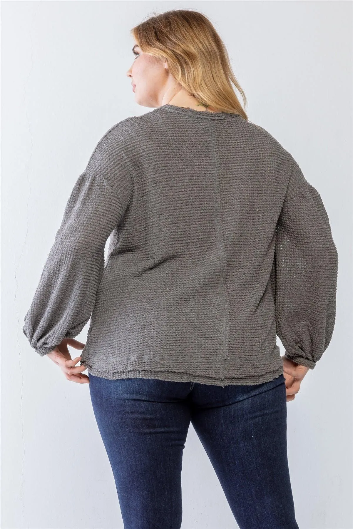 Junior Plus Light Charcoal Waffle Knit Juliette Long Sleeve Sweater /3-2-1
