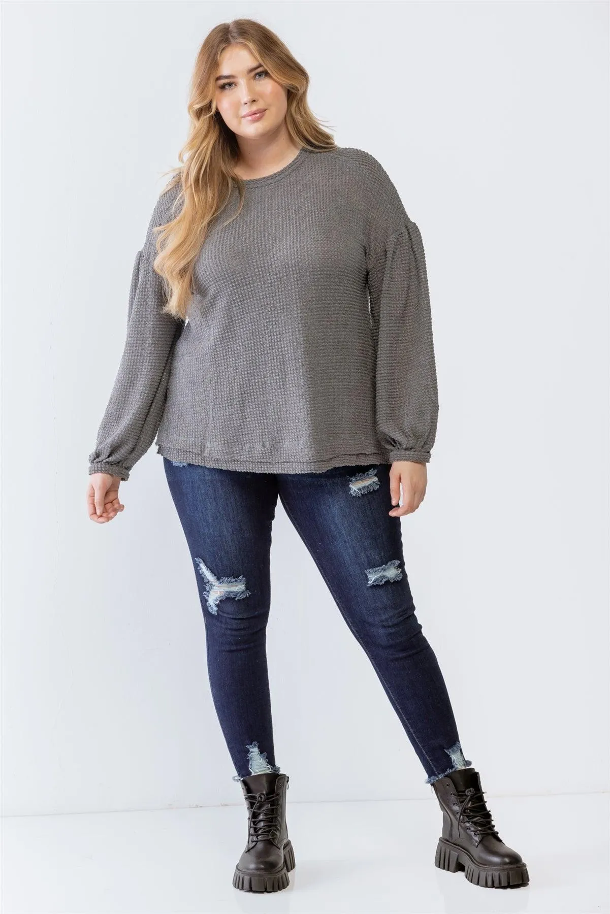 Junior Plus Light Charcoal Waffle Knit Juliette Long Sleeve Sweater /3-2-1