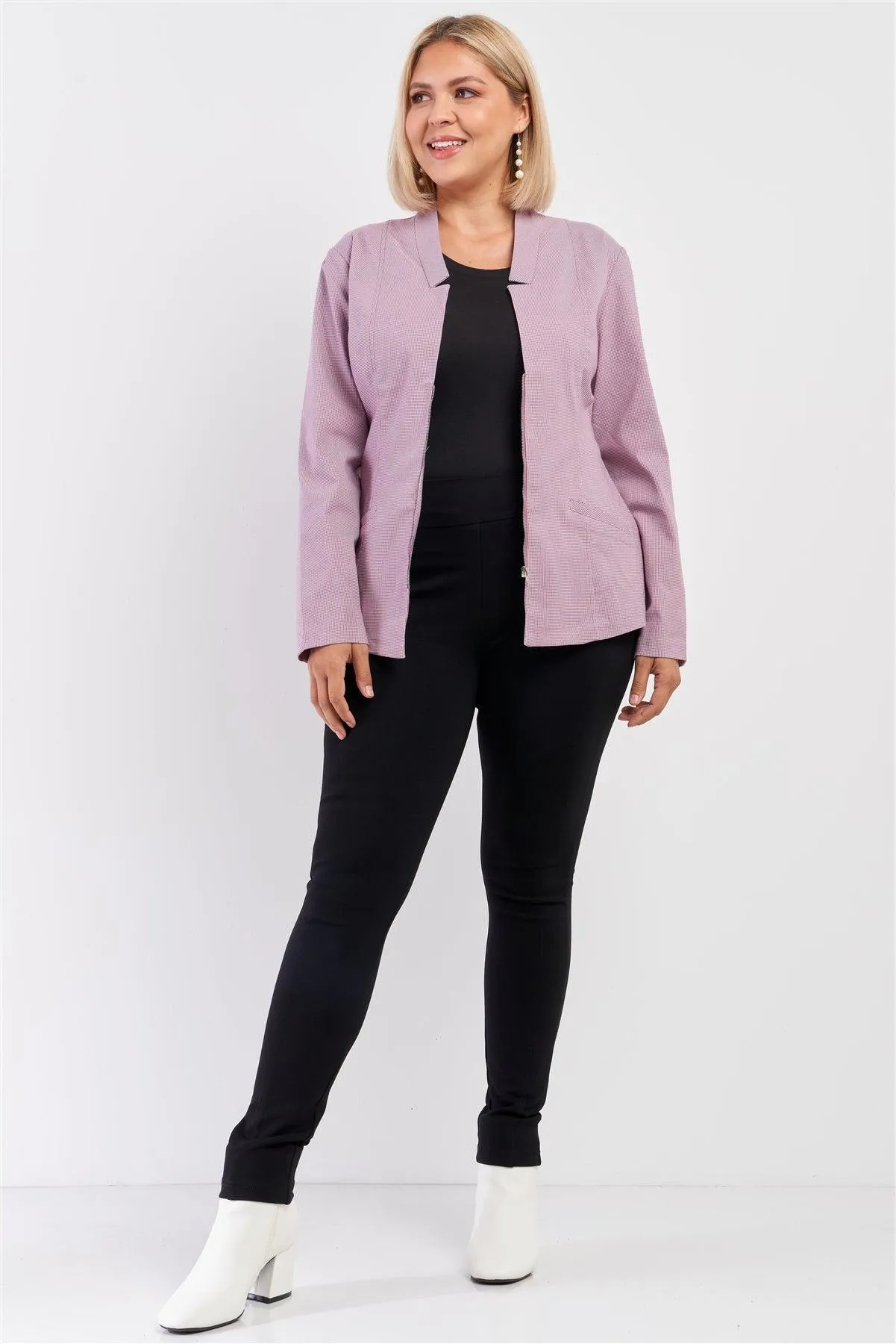 Junior Plus Mauve Checkered Houndstooth Pattern Front Zipper Closure Jacket /1-2-2