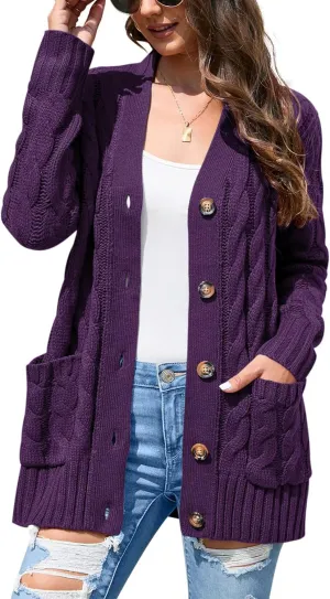 KOJOOIN Women's Casual Button Down Cardigan Sweaters Chunky Long Sleeve Cable Knit Outerwear Coat with Pocket