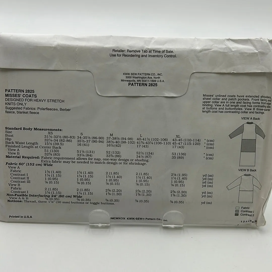 KWIK SEW Pattern, Misses' Coats (PKS2825)