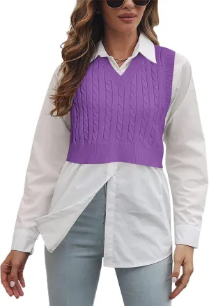 Lailezou Women's V-Neck Knit Sweater Vest Solid Color Argyle Plaid Preppy Style Sleeveless Crop Knit Vest