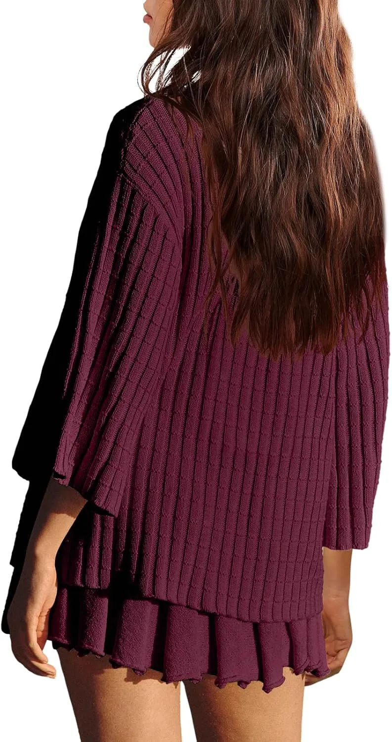 LAMISSCHE Womens Lounge Set Oversized 2 Piece Sweater Skirt Sets Long Sleeve Knit Top Pleated Skirts
