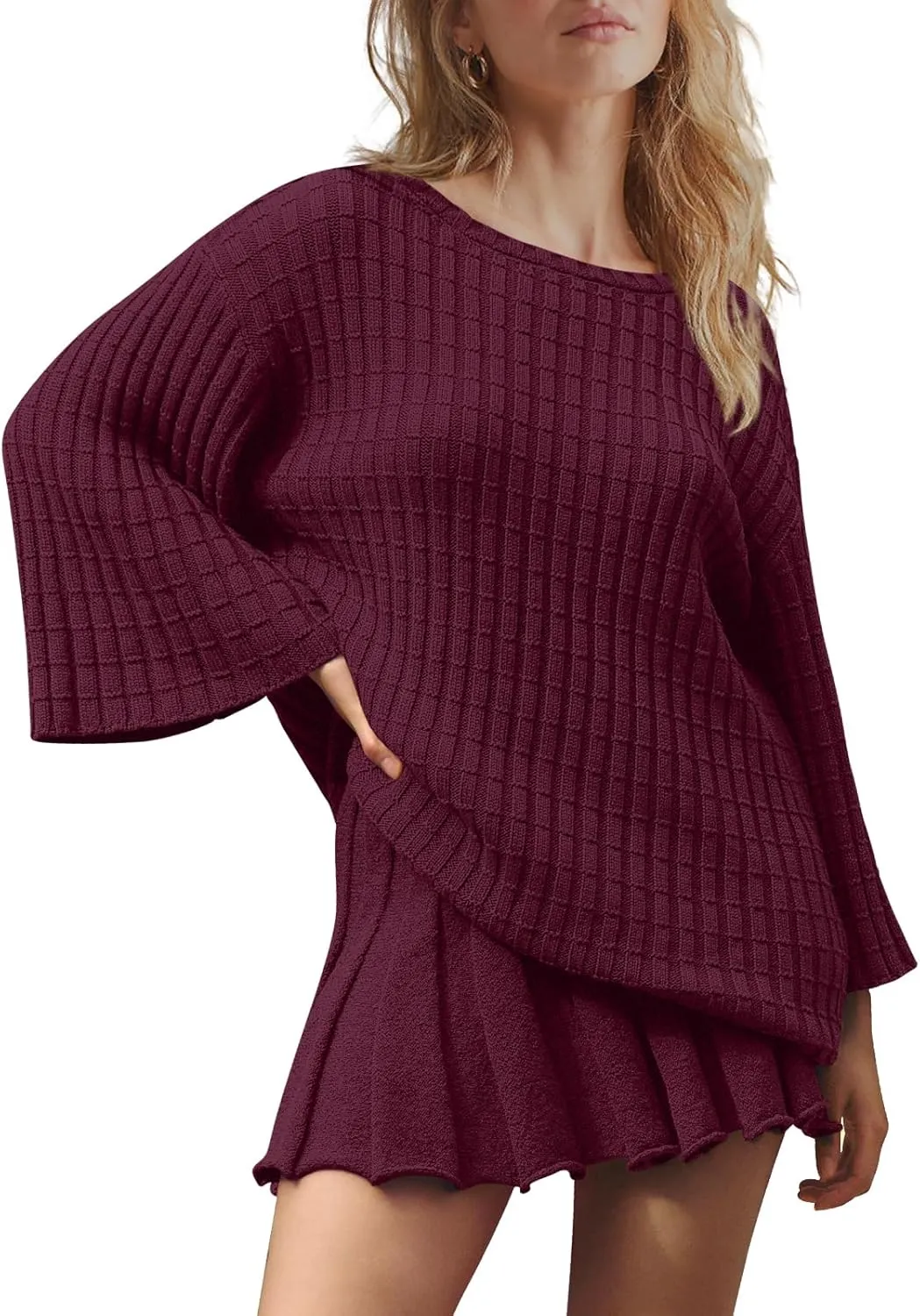 LAMISSCHE Womens Lounge Set Oversized 2 Piece Sweater Skirt Sets Long Sleeve Knit Top Pleated Skirts