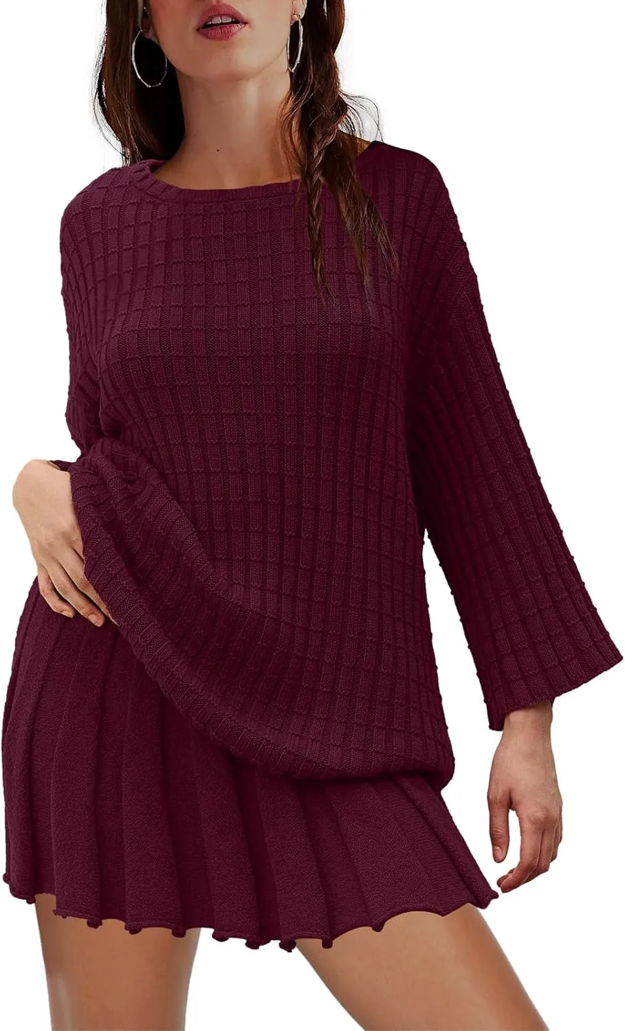 LAMISSCHE Womens Lounge Set Oversized 2 Piece Sweater Skirt Sets Long Sleeve Knit Top Pleated Skirts