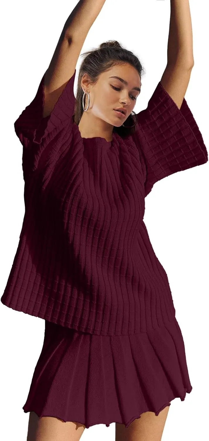 LAMISSCHE Womens Lounge Set Oversized 2 Piece Sweater Skirt Sets Long Sleeve Knit Top Pleated Skirts