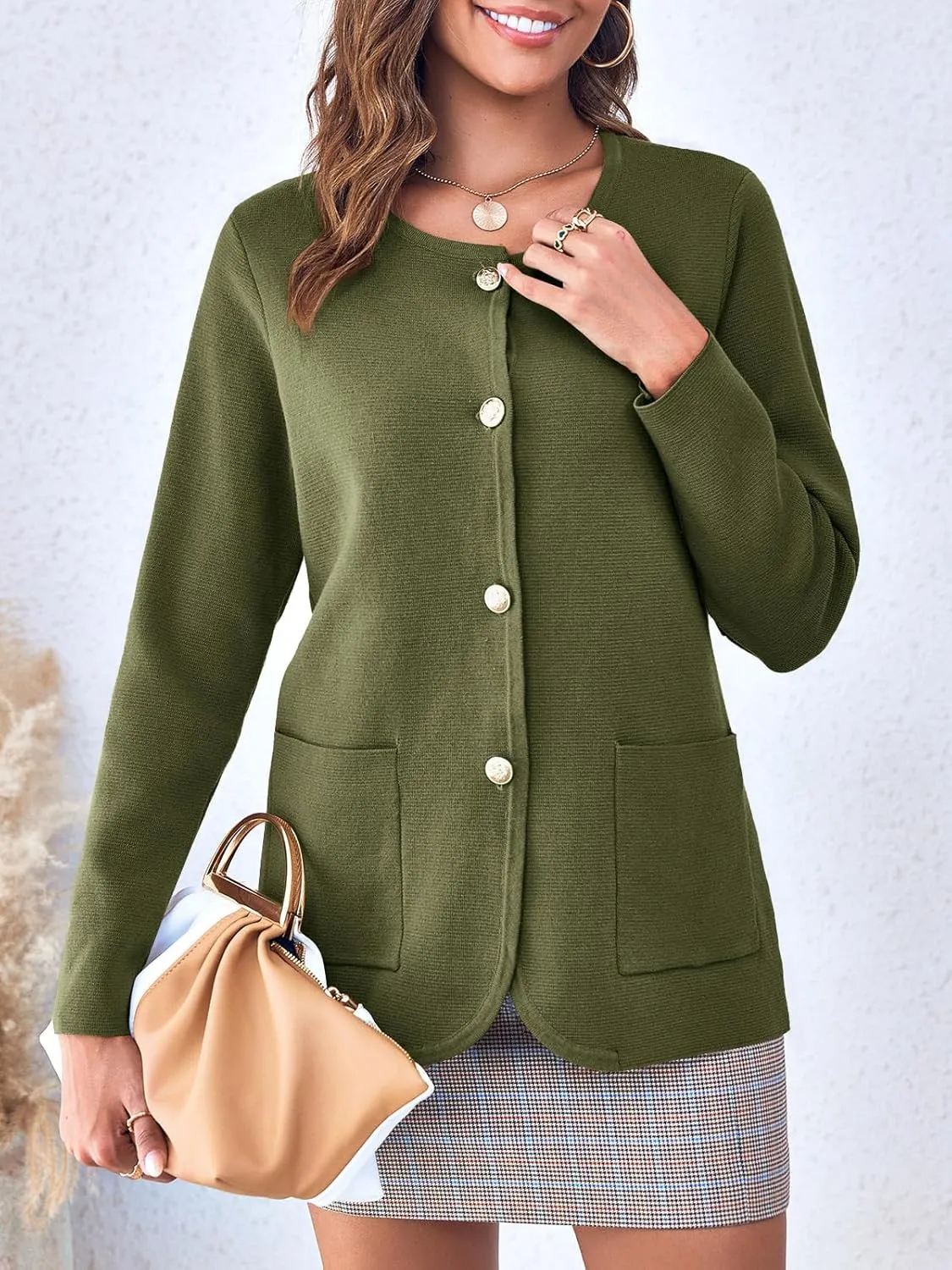 Langwyqu Womens Crew Neck Button Down Cardigan Sweaters Blazer Casual Long Sleeve Knit Solid Sweater with Pockets