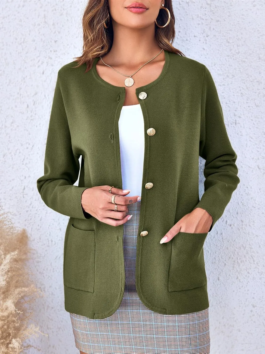 Langwyqu Womens Crew Neck Button Down Cardigan Sweaters Blazer Casual Long Sleeve Knit Solid Sweater with Pockets