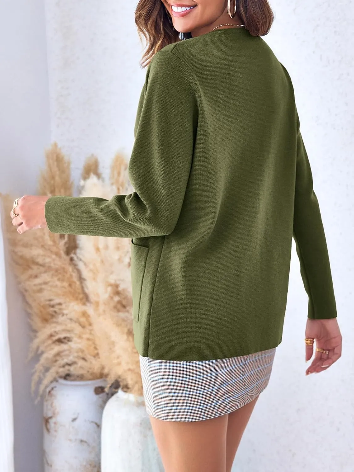 Langwyqu Womens Crew Neck Button Down Cardigan Sweaters Blazer Casual Long Sleeve Knit Solid Sweater with Pockets