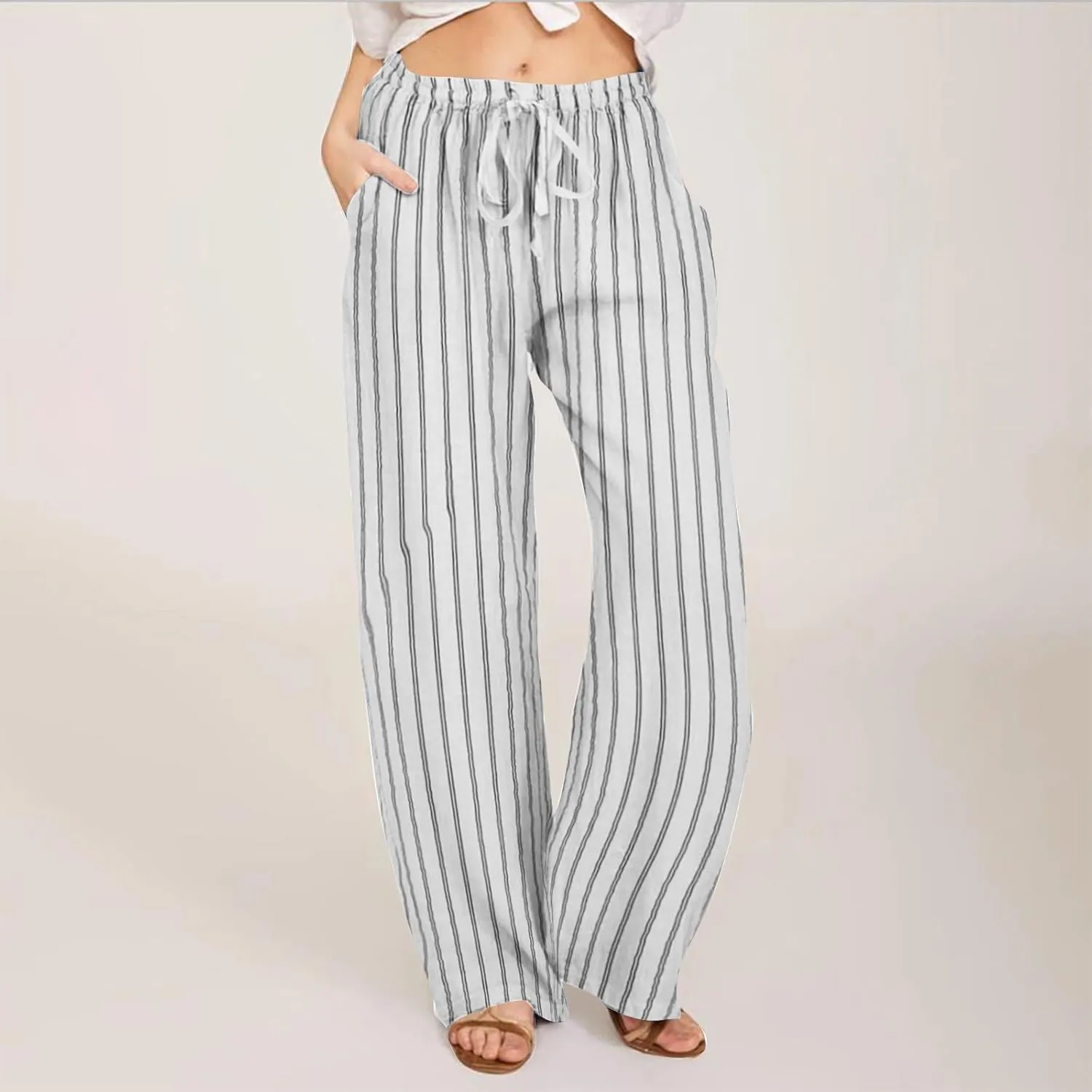 Lastesso Summer Pants for Women High Waisted Drawstring Vertical Stripe Slacks Casual Summer Paj Loungewear with Pockets