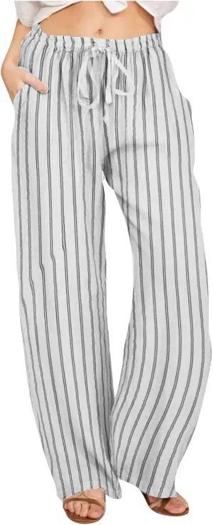 Lastesso Summer Pants for Women High Waisted Drawstring Vertical Stripe Slacks Casual Summer Paj Loungewear with Pockets