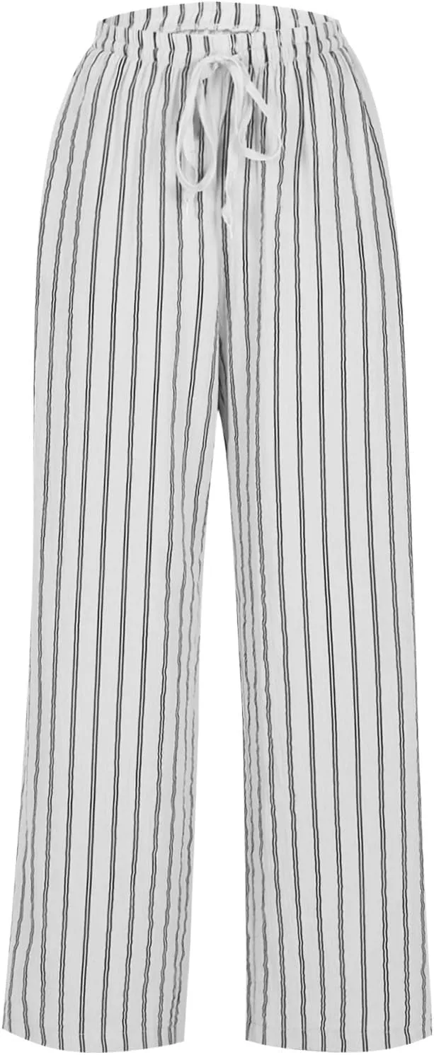 Lastesso Summer Pants for Women High Waisted Drawstring Vertical Stripe Slacks Casual Summer Paj Loungewear with Pockets