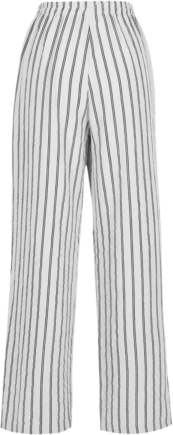 Lastesso Summer Pants for Women High Waisted Drawstring Vertical Stripe Slacks Casual Summer Paj Loungewear with Pockets