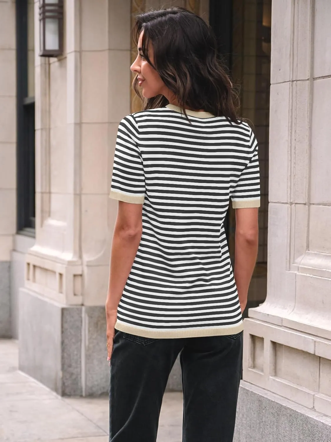 LILLUSORY Womens Striped Short Sleeve Sweater Pullover Shirts with Chest Pocket