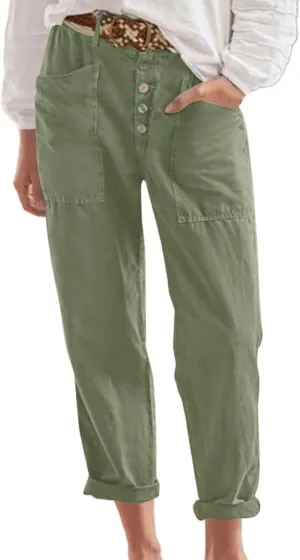 Linen Capri Pants for Women High Waisted Solid Baggy Button Down Capri Pants with Pockets Casual Summer Crop Pants