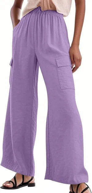 Linen Cargo Pants Women Lightweight Comfy Business Casual Work Pants Baggy Elastic Waist Office Trousers with Pockets