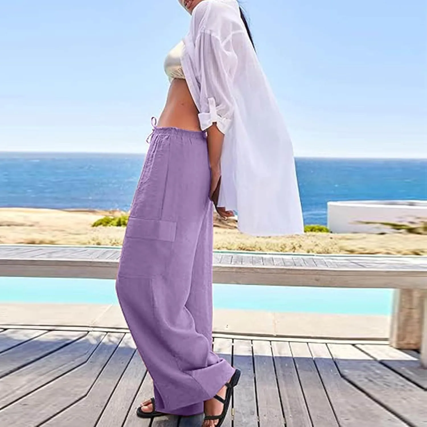 Linen Cargo Pants Women Lightweight Comfy Business Casual Work Pants Baggy Elastic Waist Office Trousers with Pockets