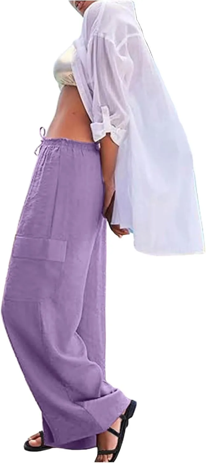 Linen Cargo Pants Women Lightweight Comfy Business Casual Work Pants Baggy Elastic Waist Office Trousers with Pockets
