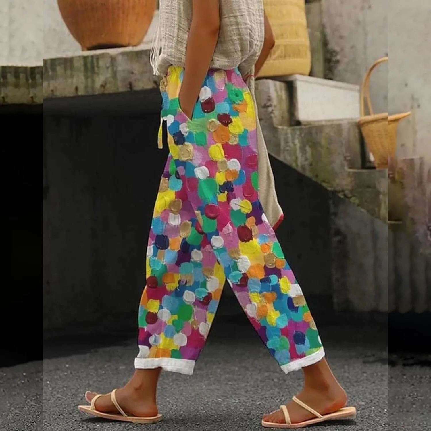Linen Cotton Pants for Women Trendy Straight Elastic Long Drawstring Waist Casual Slit Plus Size Trousers with Pocket