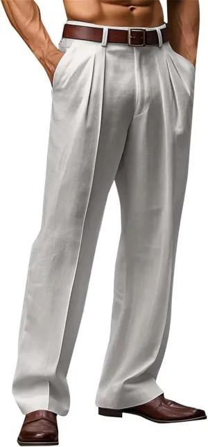 Linen Dress Pants Men Plain Front Pleated Pant Summer Outdoor Vacation Beach Lightweight Trousers Open Bottom Slacks