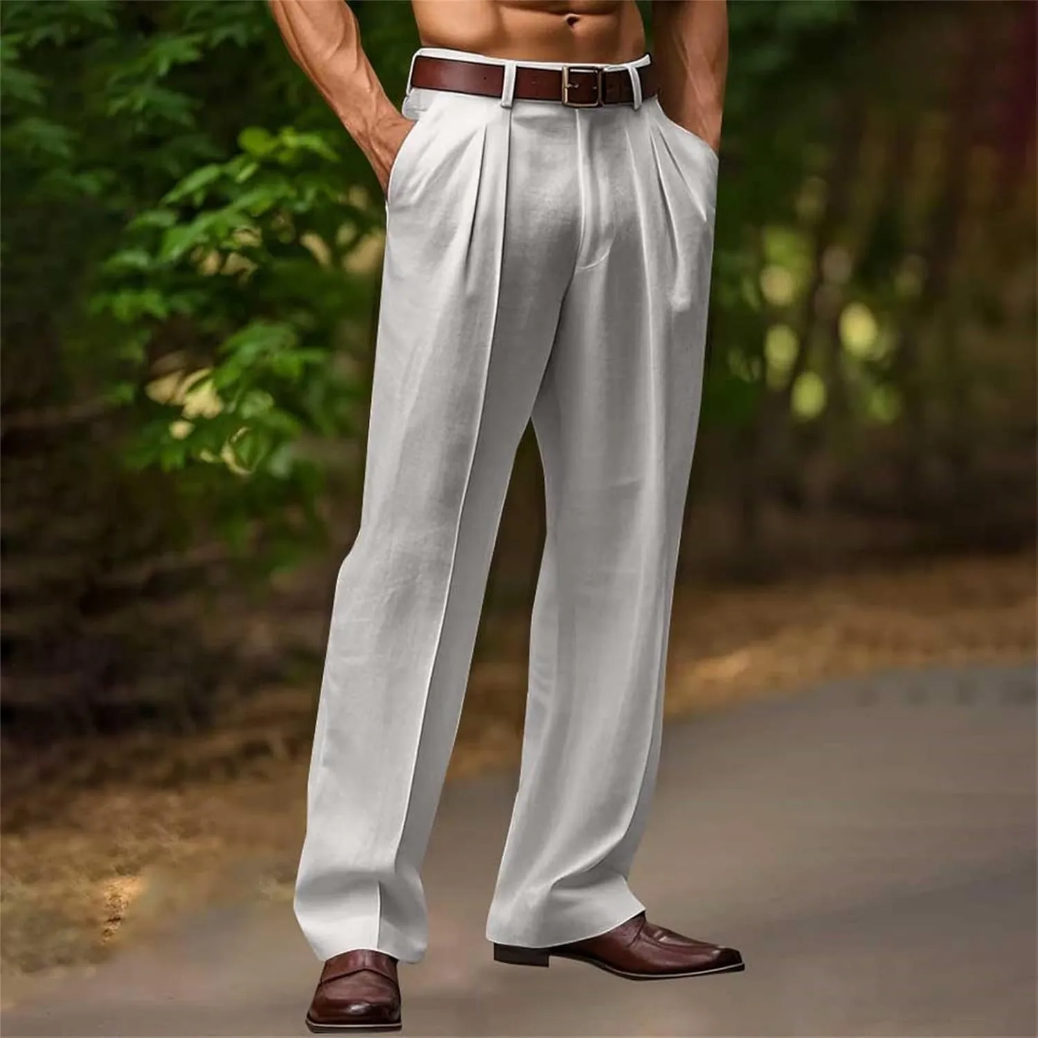 Linen Dress Pants Men Plain Front Pleated Pant Summer Outdoor Vacation Beach Lightweight Trousers Open Bottom Slacks