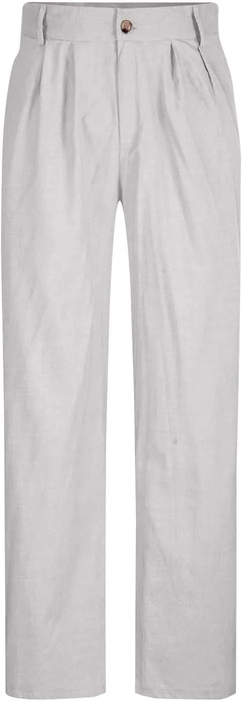 Linen Dress Pants Men Plain Front Pleated Pant Summer Outdoor Vacation Beach Lightweight Trousers Open Bottom Slacks