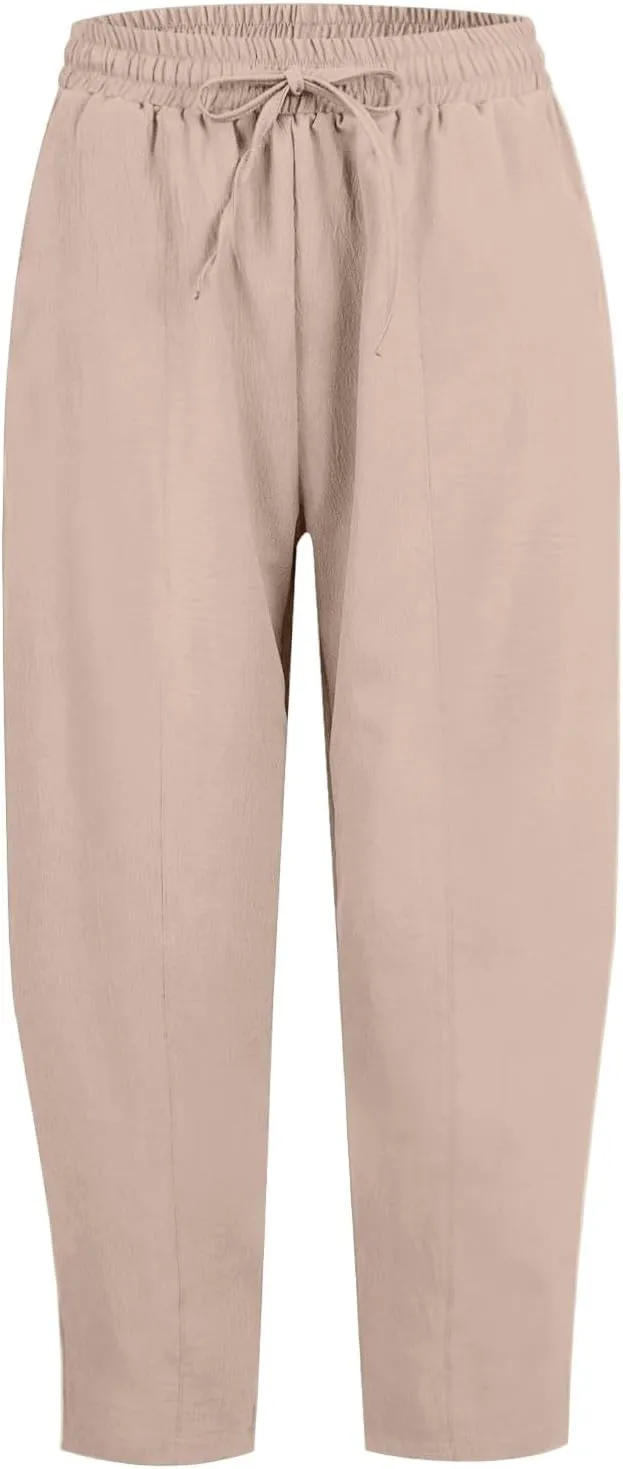 Linen Harem Pants Women Casual Summer High Waisted Beach Pants Baggy Lightweight Cropped Pant with Pockets
