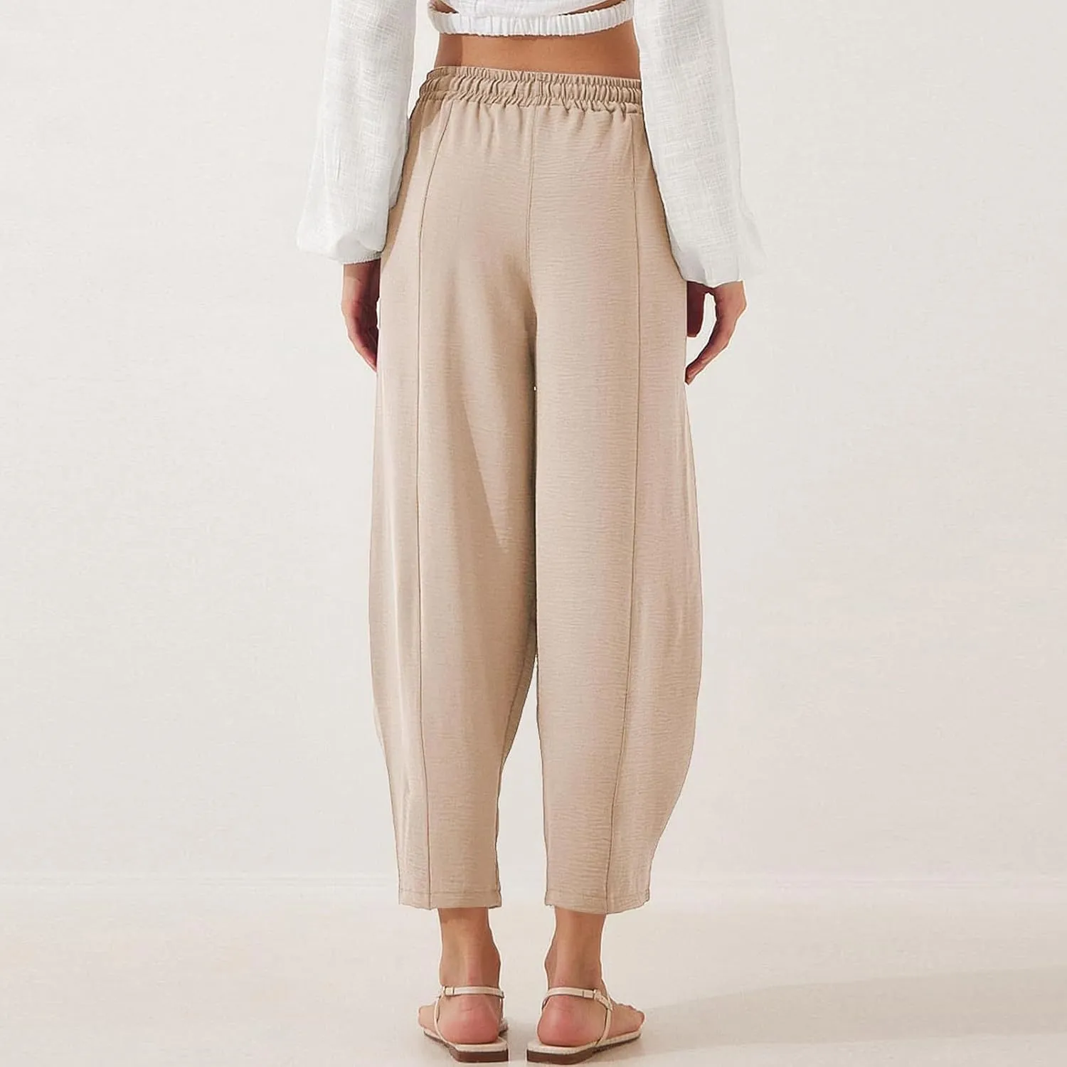 Linen Harem Pants Women Casual Summer High Waisted Beach Pants Baggy Lightweight Cropped Pant with Pockets