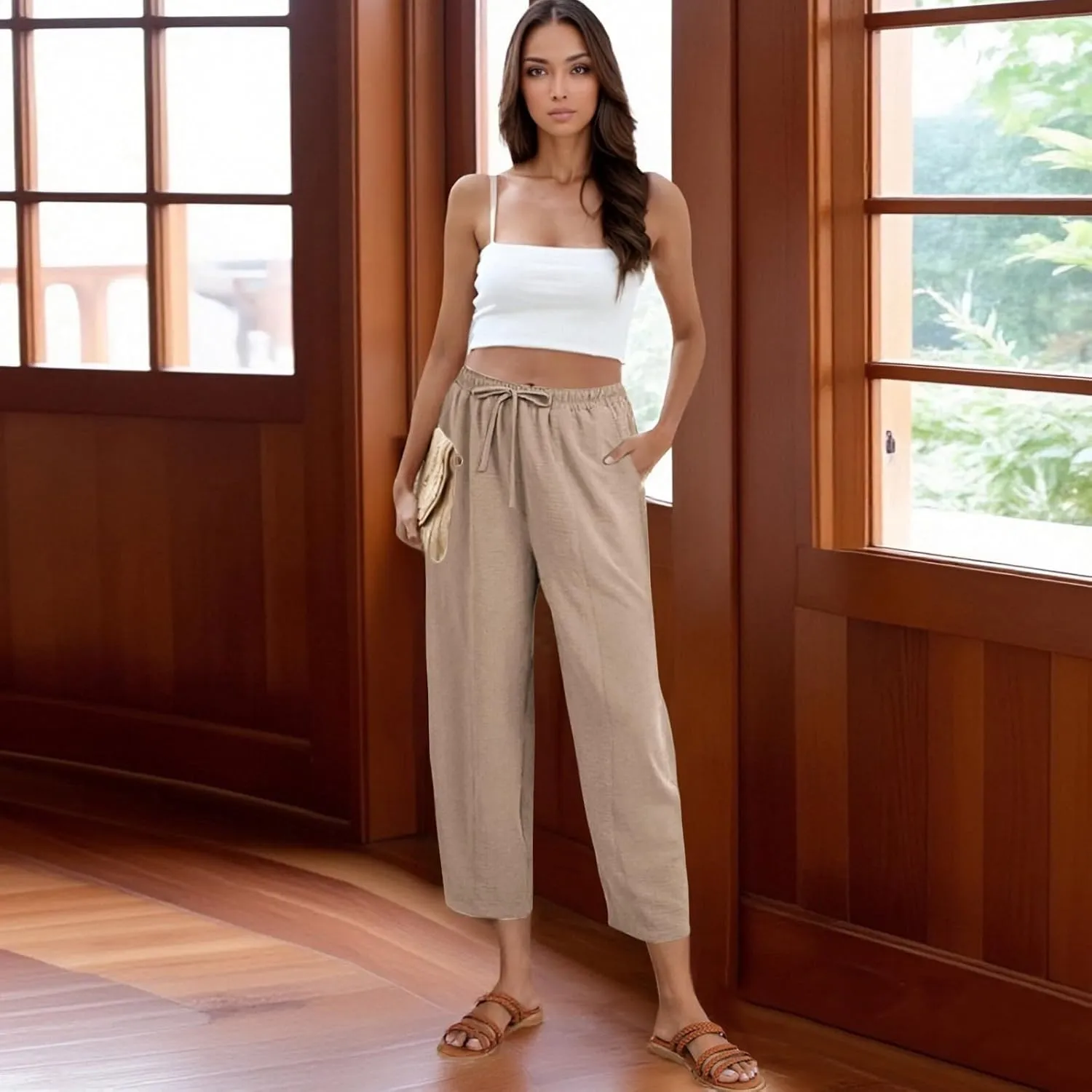 Linen Harem Pants Women Casual Summer High Waisted Beach Pants Baggy Lightweight Cropped Pant with Pockets
