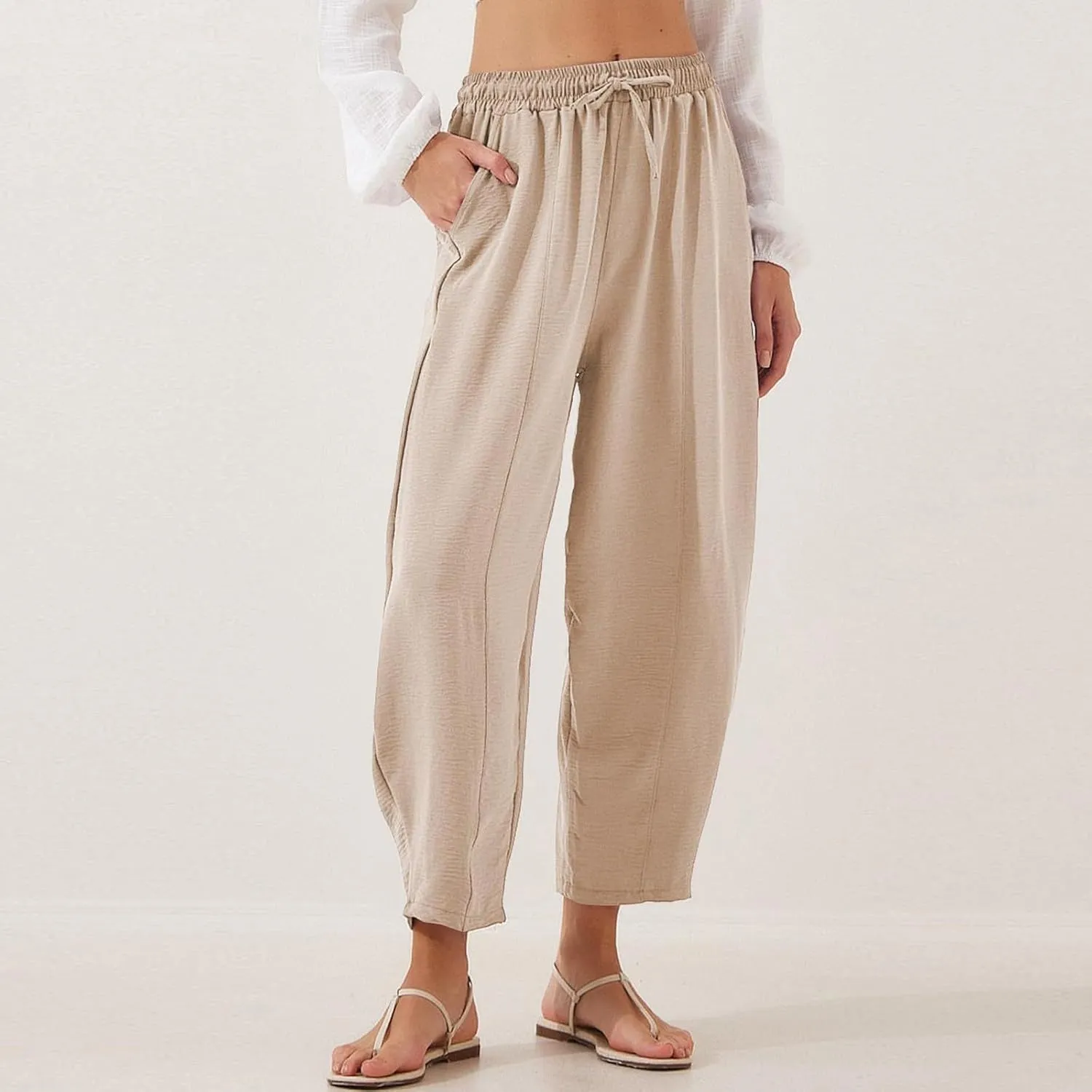 Linen Harem Pants Women Casual Summer High Waisted Beach Pants Baggy Lightweight Cropped Pant with Pockets